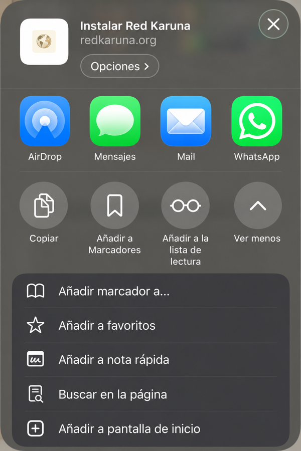 Hoja de compartir desplegada con Añadir a pantalla de inicio