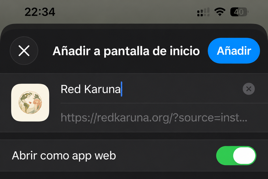 Confirmación de iOS con Abrir como app web activado y el botón Añadir